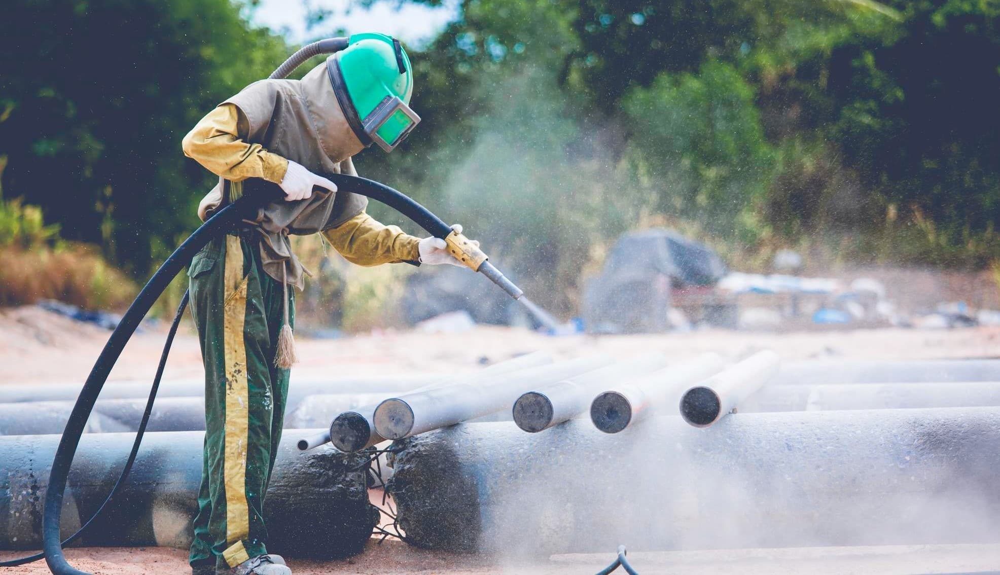 Operator in protective gear sand-blasting pipe sections